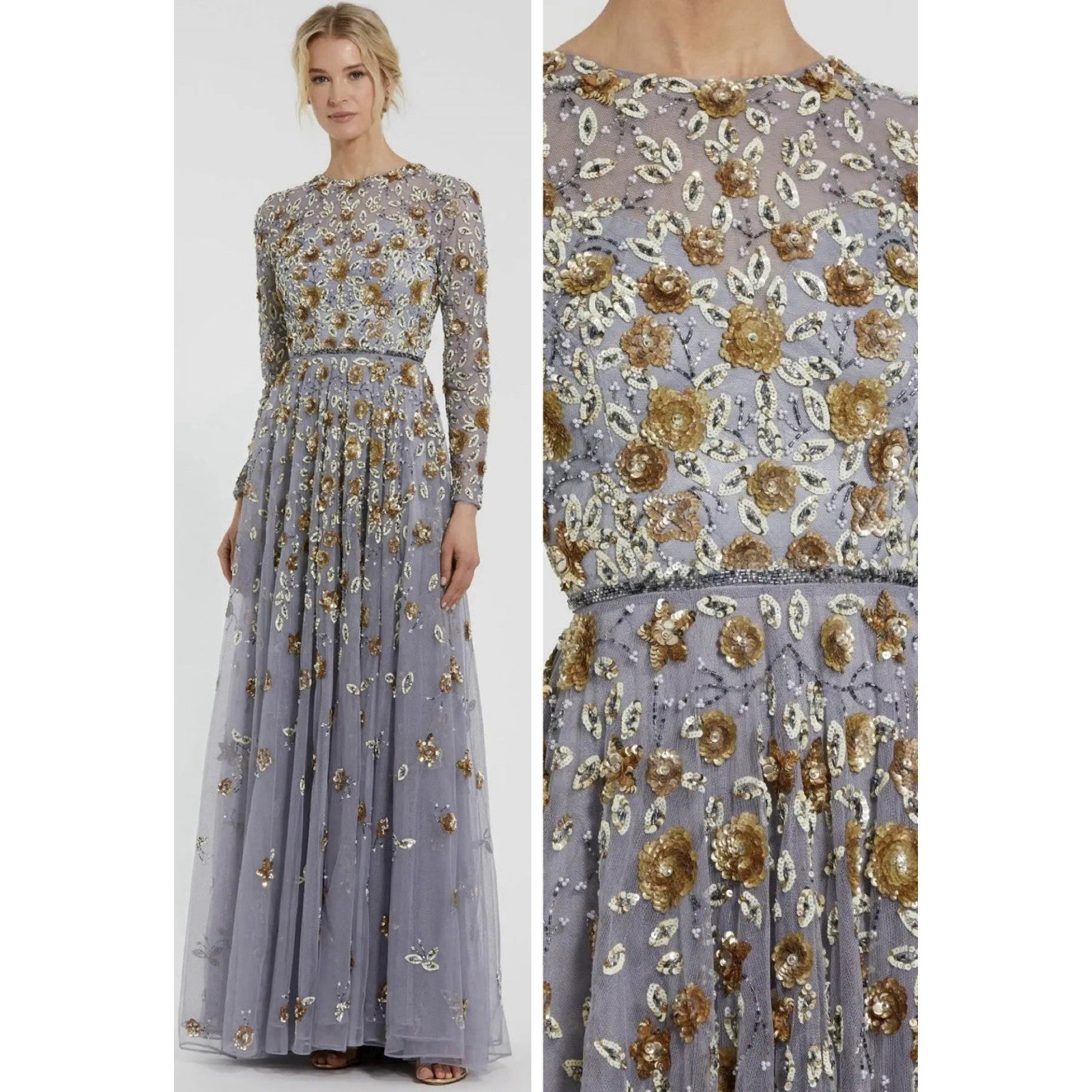 Mac Duggal 5533 Platinum Gold Size 6 Embellished Gown High Neck Long Sleeve Nwt